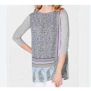 J.Jill Womens Petite M Gray Purple Floral Lightweight 3/4 Sleeve Soft Boho Top